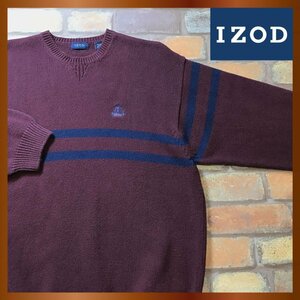 ME8-106★USA古着★状態良好★【IZOD アイゾッド】刺繍エンブレムロゴ ボーダーセーター【メンズ L】バーガンディ コットンニット アメカジ