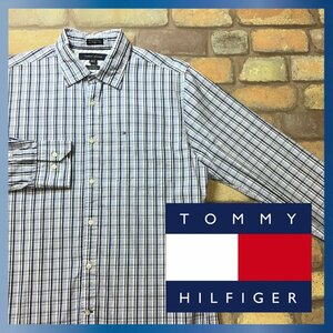 ME9-322★USA直輸入★正規★良品★【TOMMY HILFIGER トミーヒルフィガー】チェック 長袖 コットン シャツ【メンズ M】青系 薄手 古着