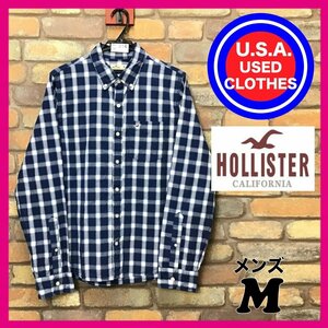 ME6-214★USA直輸入★【HOLLISTER ホリスター】カモメ刺繍 長袖 コットンシャツ【メンズ M】紺×白 長袖シャツ BDシャツ サーフ系 チェック