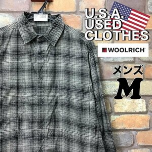 SD7-054◆GOODデザイン◆USA買付品【WOOLRICH ウールリッチ】プリントチェック 長袖 コーデュロイシャツ【メンズ M】灰 黒 古着 ワーク