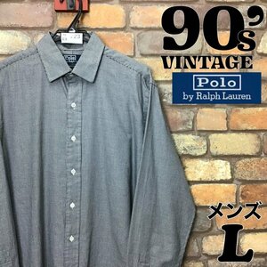 ME9-223★90's USA古着★正規品★【Polo by Ralph Lauren ポロラルフローレン】CURHAM 細かい千鳥格子 長袖 シャツ【メンズ L】濃紺 黒