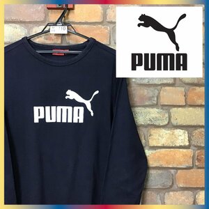 ME9-710★USA正規品★状態◎★ネイビー【puma プーマ】デカロゴ クルーネック コットン Tシャツ【メンズ S】長袖 古着 スポーツ インナー