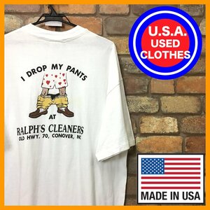 ME12-460★USA製★ユニークプリント★【RALPH'S CLEANERS】US企業物 両面プリント Tシャツ【メンズ XL】白 アメカジ 半袖 古着 ランドリー