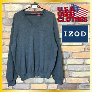 ME8-077★アメリカ古着★訳有格安★【IZOD アイゾッド】刺繍ロゴ Vネック セーター【メンズ L】濃灰 コットンニット ゴルフ 裾タグ