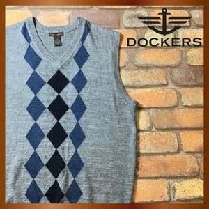 ME8-520★良品★USA直輸入&正規品★【DOCKERS ドッカーズ】ダイヤ柄 Vネック ニットベスト【メンズ M】灰 グレー アクリルニット 薄手