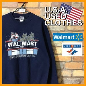 ME11-635★レア♪USA直輸入★状態良好!!★【JERZEES】Walmart サンタさんお買い物プリント スウェットシャツ【メンズ L】紺 ウォルマート