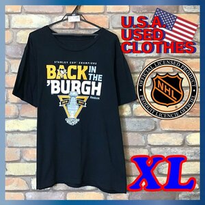 ME4-139★USA古着★ビックシルエット【NHL×ペンギンズ】黒 両面プリント 半袖 Tシャツ【メンズ XL】スタンレーカップ記念 スポーツ 16-17