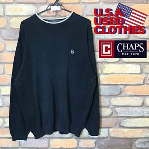 ME8-253★アメリカ買付商品★【CHAPS チャップス】刺繍ロゴ リンガーネック セーター【メンズ L】ネイビー 紺 コットンニット USA古着