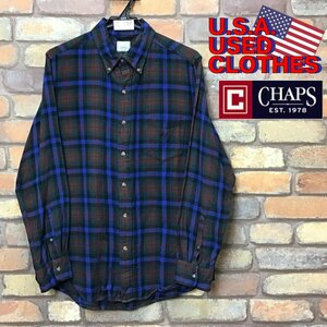 ME8-947★USA買付商品★美品【CHAPS チャップス】BD仕様 長袖 ライトネルシャツ【メンズ M】紺 緑 USA古着 アメカジ 登山 キャンプ