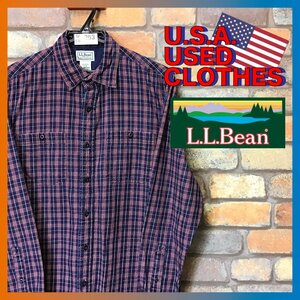 ME6-363★USA購入★良品【L.L.Bean エルエルビーン】長袖 チェック柄 デニムシャツ【メンズ S】紺×赤 長袖シャツ ワークシャツ アウトドア