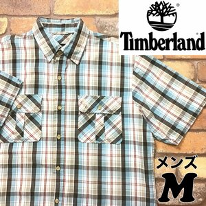 ME2-158*USA стандарт * хорошая вещь *[Timberland Timberland ]2 карман проверка короткий рукав рубашка work shirt [ мужской M] бледно-голубой серый б/у одежда Work 