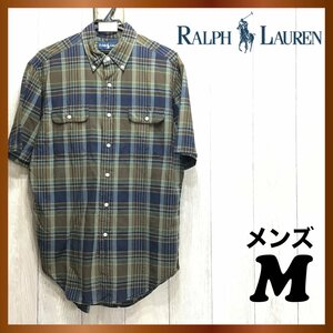 ME3-553★状態良好★USA直輸入!!★ネイビー×グリーン【Ralph Lauren ラルフローレン】2ポケット 半袖 ワークシャツ【メンズ M】古着