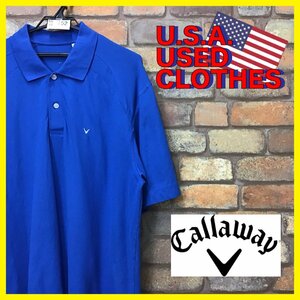 ME12-752★USA直輸入★状態良好【Callaway】肩切替 胸刺繍ロゴ ストレッチ 半袖 ポロシャツ【メンズ XL程度】ブルー ゴルフ アメカジ