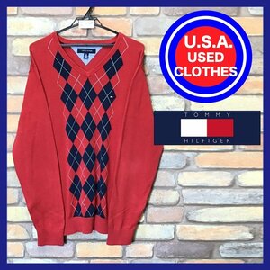 ME6-952★USA古着★正規品★【TOMMY HILFIGER トミーヒルフィガー】Vネック アーガイルセーター【メンズ L】赤 レッド コットンニット 薄手