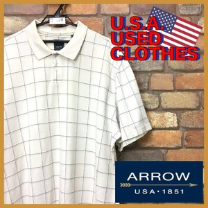 ME12-628★USA買付品★【ARROW アロー】チェック ポロシャツ【メンズ XL】アイボリー US古着 半袖 ゴルフ アメカジ ビッグサイズ アイビー