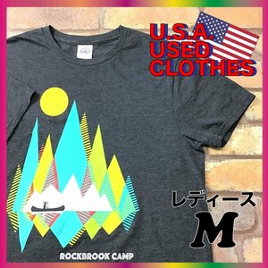 SD4-815★USA直輸入★良品・GOODデザイン!!【DELTA デルタ】グラフィック 半袖 Tシャツ【レディース M】グレー USA古着 キャンプ アメカジ