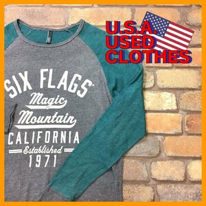 ME11-964★アメリカ買付品★USA限定【SIX FLAGS】バイカラー ラグランTシャツ【メンズ M】マジックマウンテン 遊園地 長袖Tシャツ ロンT