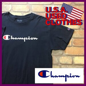 ME12-012★USA古着★良品★ネイビーカラー【Champion チャンピオン】目つき プリント Tシャツ【メンズ L】紺 半袖 アメカジ ストリート