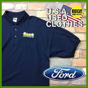 ME12-641★USA限定★レア【USA 企業物】超BIGサイズ FACT FORD 胸・袖刺繍ロゴ 半袖 ポロシャツ【メンズ 3XL】濃紺 ワーク GILDAN アメ車