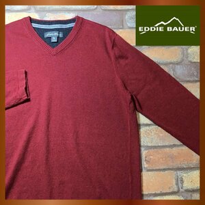 ME8-645★良品&USA買付品★メリノウール混★【Eddie Bauer エディバウアー】Vネック セーター【メンズ L】濃赤 ニット アウトドア 着丈長め