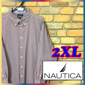 ME9-368★超大きいサイズ★状態良好★【NAUTICA ノーティカ】チェック 長袖 コットンポリ ボタンダウンシャツ【メンズ XXL】赤系 古着