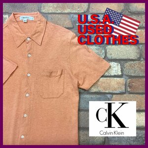 MS1-041★USA古着★訳アリ【Calvin Klein】リネン混 胸ポケット ステッチワーク 半袖シャツ【メンズ M】オレンジ ワーク アメカジ モード