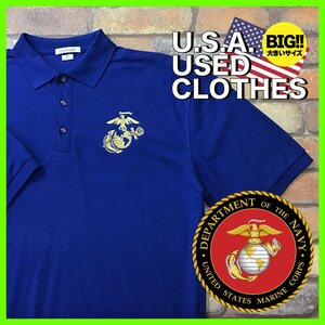 ME12-359★USA買付品★【USMC 米国海軍】海兵隊 胸ロゴ 金刺繍 半袖ポロシャツ【メンズ XL】ネイビー 軍物 ミリタリー アメカジ OLD