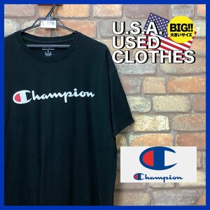 ME12-076★USA直輸入★美品【Champion チャンピオン】Cマーク クルーネック ロゴプリントTシャツ【メンズ XL】ブラック アメカジ 黒T