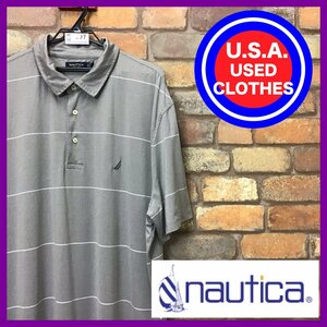 ME12-397★USAビッグサイズ★USA古着【NAUTICA ノーティカ】刺繍ロゴ 半袖 ボーダー ポロシャツ【メンズ XXL】グレー アメカジ ゴルフ