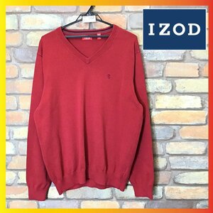 ME7-962★USA購入&良品★ゆったりサイズ【IZOD アイゾッド】刺繍ロゴ Vネック セーター【メンズ L】レッド 赤 コットンニット ゴルフ