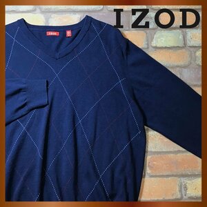 ME8-355★状態良好◎USA直輸入★【IZOD アイゾッド】ロゴタブ付 ダイヤ柄 Vネックセーター【メンズ XL】ネイビー 赤 コットンニット 古着