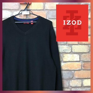 ME8-813★美品★海外正規品★ブラック★【IZOD アイゾッド】Vネック コットン セーター【メンズ L】黒 ゴルフ 長袖 薄手 無地 単色 古着