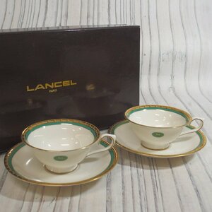 f002l D2 未使用 LANCEL ランセル ティーカップ&ソーサー ペア L-2005 金彩×グリーン 茶器 C&S 2客セット 元箱 長期保管品