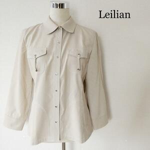 美品 Leilian レリアン ストライプ柄 スナップボタン 胸ポケット 長袖 シャツ サイズ9 M ベージュ×ホワイト