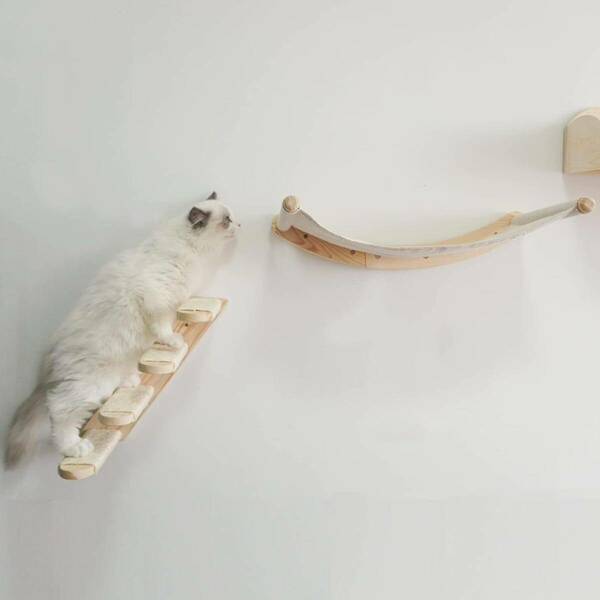 猫 ハンモック壁掛け クライミング 遊び 階段 4段 くつろぎ 睡眠 木製 右上がり
