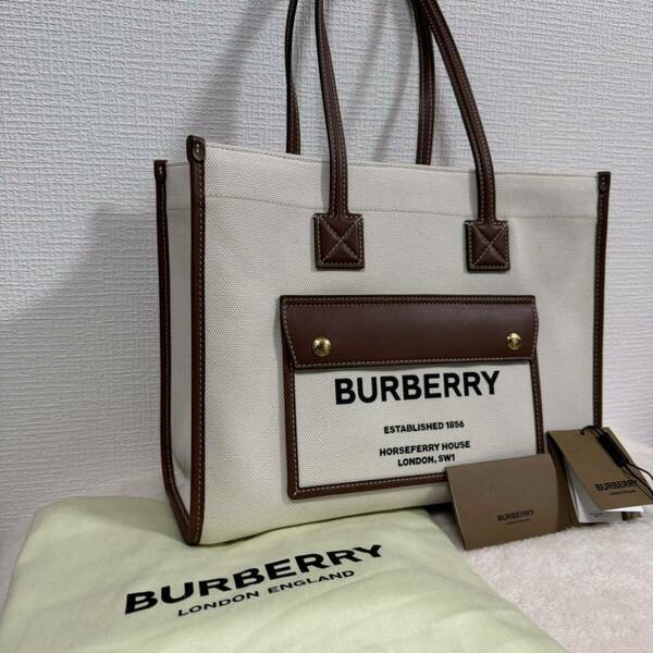 BURBERRY CANVAS LEATHER SMALL FREYA TOTE BAG 80441381 NATURAL バーバリー ツートン キャンバス レザー スモール フレヤ トートバッグ 