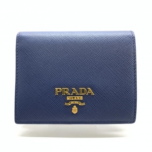 PRADA プラダ 1MV204 二つ折り財布 コンパクトウォレット サフィアーノレザー ネイビー 紺 ロゴ ゴールド金具 レディース 管理RT37462