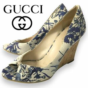 k4 GUCCI グッチ オープントゥ パンプス コルク ウェッジソール サンダル キャンバス フローラ 花柄 34 イタリア製 172579 正規品