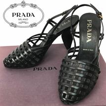 k26 レア PRADA プラダ レザー メッシュ サンダル バックストラップ ブラック 黒 シューズ パンプス 35.5 イタリア製 正規品 レディース_画像1