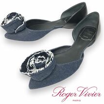 k92 良品 Roger Vivier ロジェヴィヴィエ フラットシューズ パンプス デニム バラ コサージュ レザー 36 イタリア製 正規品 ローズ_画像1