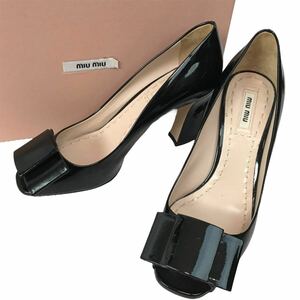 k115 miumiu MiuMiu enamel pumps open tu high heel ribbon pa tent leather black 37.5 regular goods formal sandals 