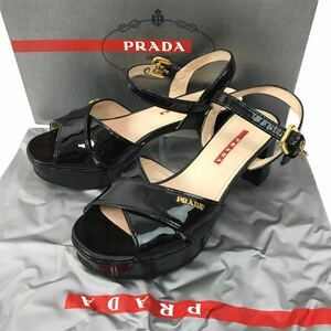 k117 PRADA プラダ スポーツ エナメル ロゴ サンダル アンクルストラップ ブラック パテントレザー 36 正規品 ジャンク品 難あり