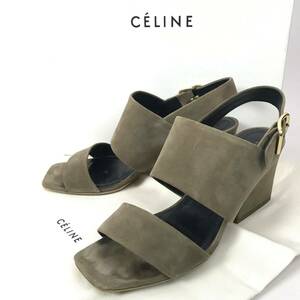 k126 CELINE Celine suede leather sandals tea n key heel khaki back strap 38 Italy made square tu regular goods box attaching 