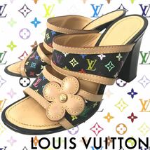 k131 良品 LOUIS VUITTON ルイヴィトン モノグラム マルチカラー ミュール レザー サンダル フラワー ブラック 35.5 イタリア製 正規品_画像1