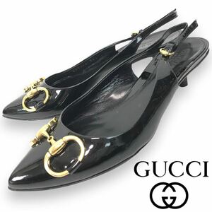 k243 未使用 GUCCI グッチ ホースビット エナメル パンプス パテント レザー ローヒール サンダル ブラック 34.5 イタリア製 正規品