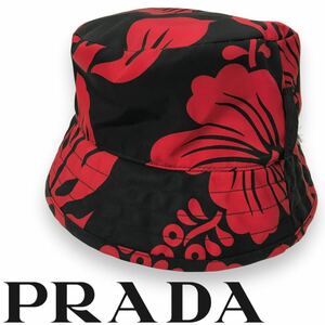 k269 PRADA プラダ ナイロン バケットハット 帽子 ハイビスカス ボタニカル レッド ブラック ハット 正規品
