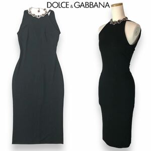 k298 DOLCE&GABBANAbiju- tight dress no sleeve One-piece formal black Stone necklace halter-neck 38 regular goods 