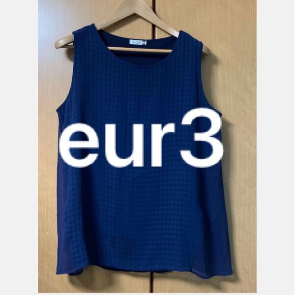 ③・着痩せ eur3 おしゃれなチェック柄シフォン カットソー ノースリーブ ブラウス チュニック ネイビー 大きいサイズ