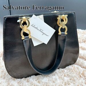 【Salvatore Ferragamo】フェラガモ リザード ハンドバッグ ブラック ブラック 美品