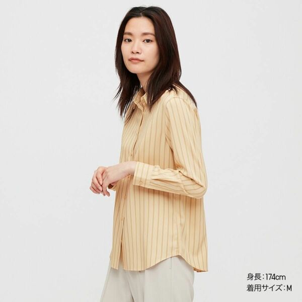 【美品】UNIQLO レーヨンストライプブラウス/イエロー 長袖